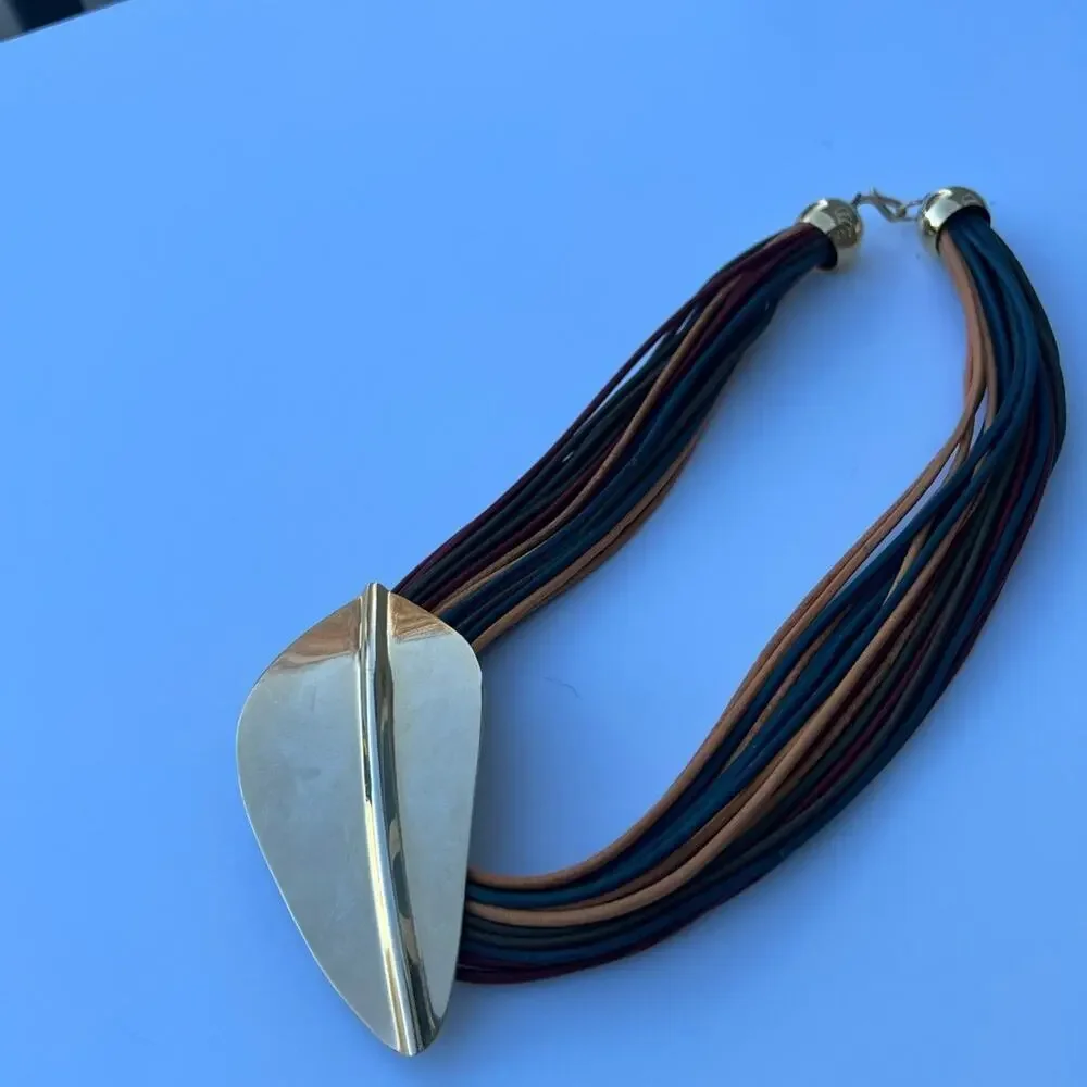 Necklace, multi strand, multi colored, gold leaf pendent. women's